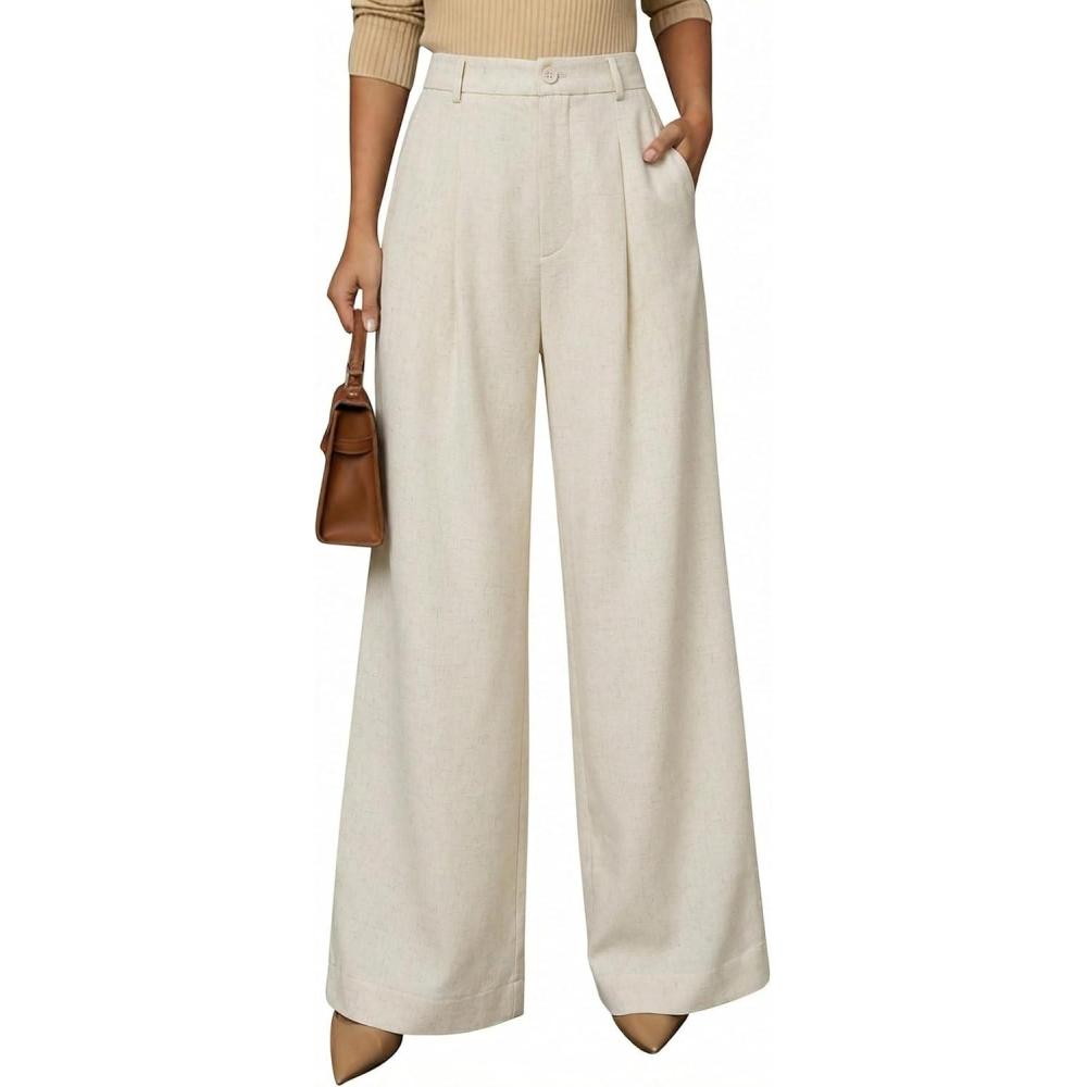 imageArachampampCloz Womens Linen Blend Wide Leg AllSeason Business Casual Outfits Dress PantsWhite
