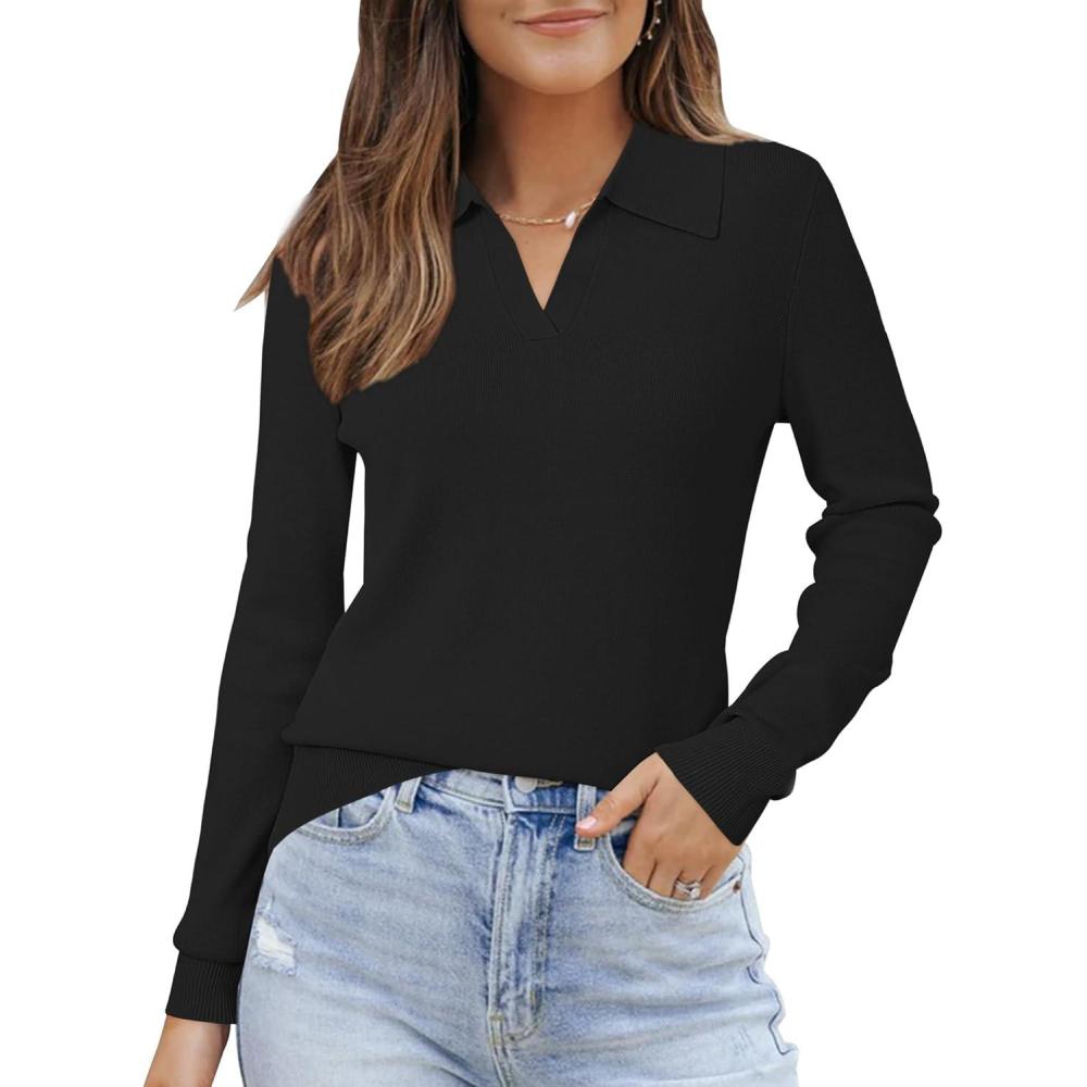 imageArachampampCloz Womens Wool Blend Collared Polo Pullover Spring Sweaters Business Casual Outfits 2026Black