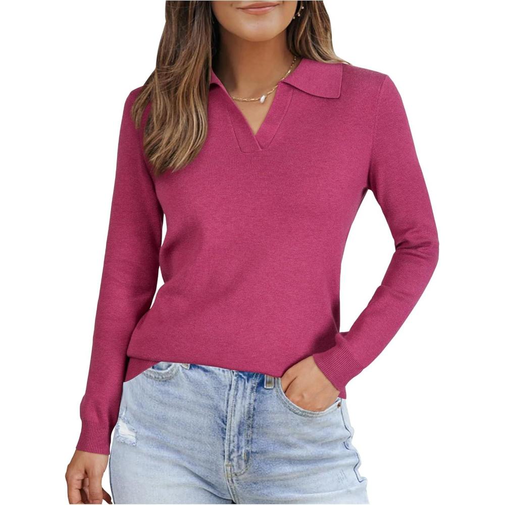 imageArachampampCloz Womens Wool Blend Collared Polo Pullover Spring Sweaters Business Casual Outfits 2026Rose Red