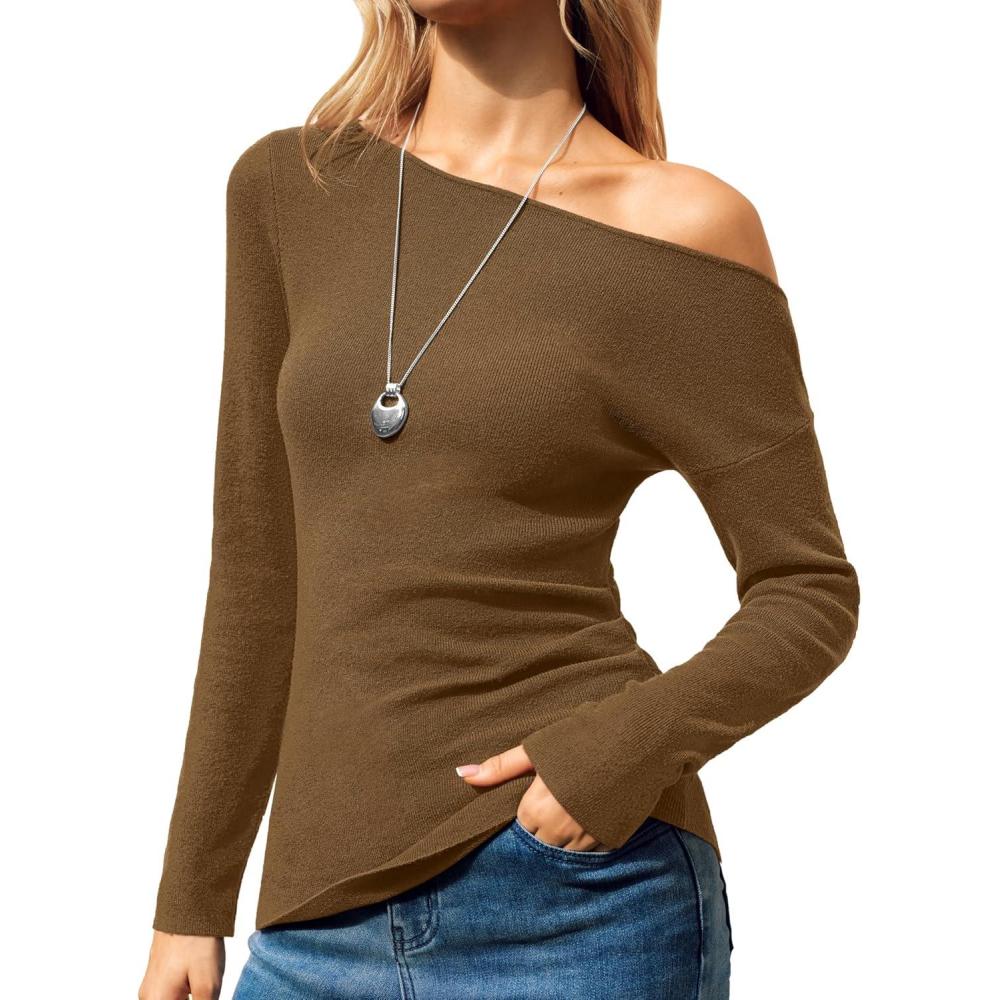 imageArachampampCloz Womens Wool Blend Off The Shoulder Sweaters Ruched Slim Fit Date Top 2026Brown
