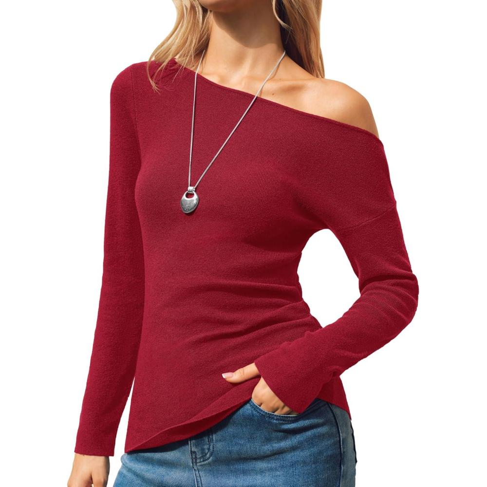 imageArachampampCloz Womens Wool Blend Off The Shoulder Sweaters Ruched Slim Fit Date Top 2026Red