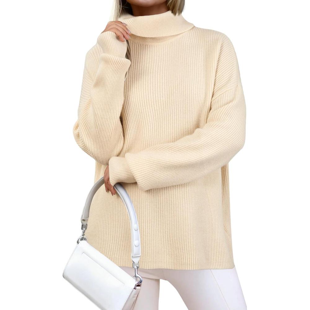 imageArachampampCloz Womens Wool Blend Turtleneck Fall Winter Casual Ribbed Oversized Sweater Tops 2026Apricot