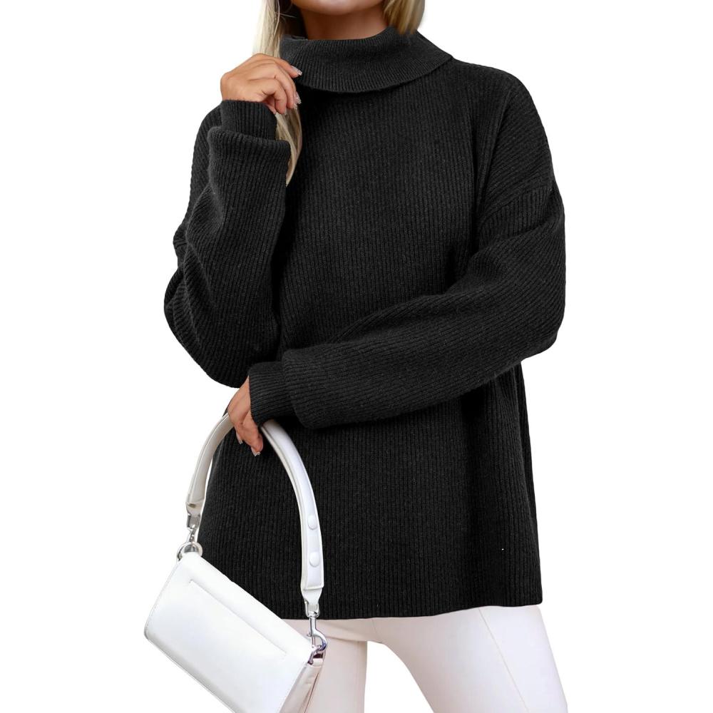 imageArachampampCloz Womens Wool Blend Turtleneck Fall Winter Casual Ribbed Oversized Sweater Tops 2026Black