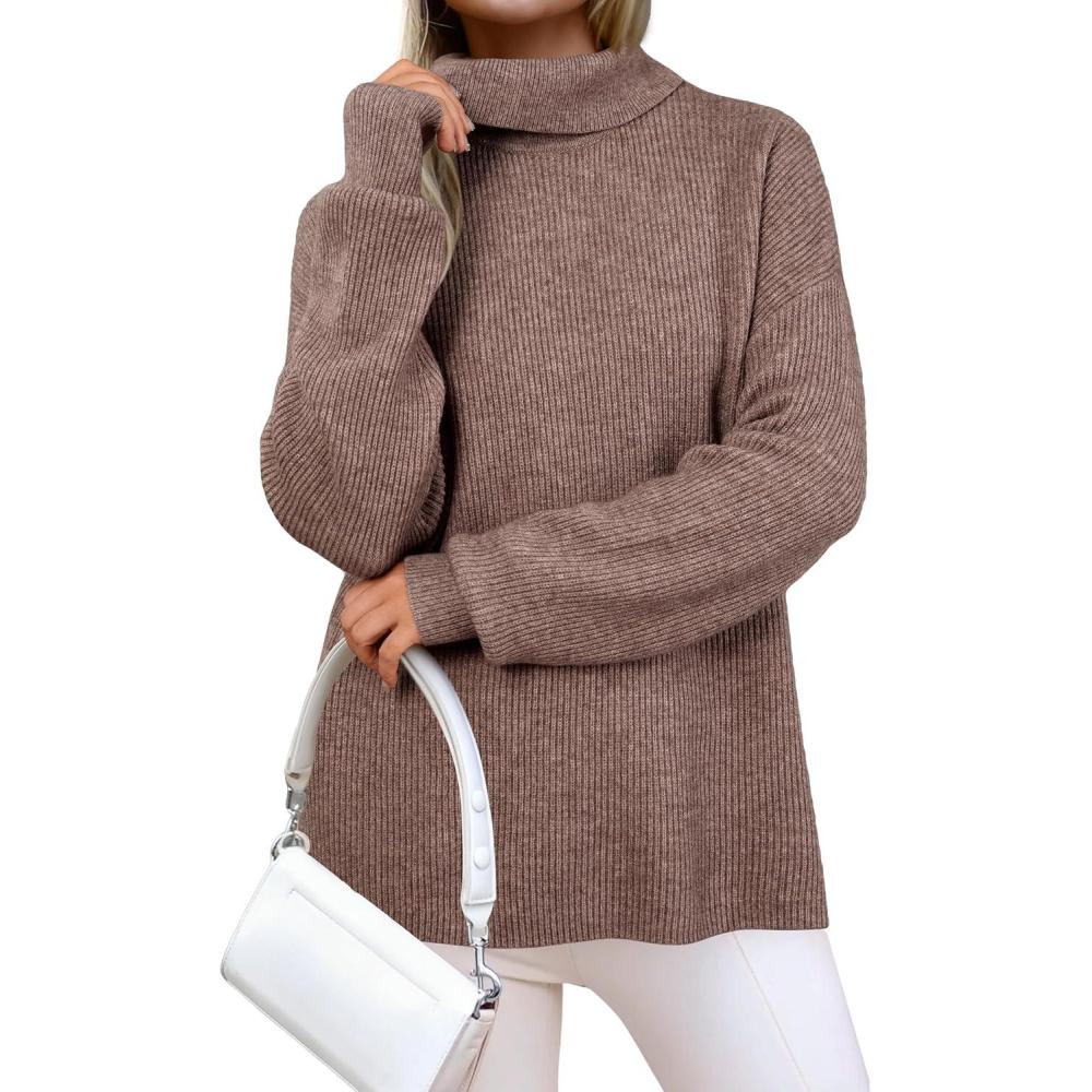 imageArachampampCloz Womens Wool Blend Turtleneck Fall Winter Casual Ribbed Oversized Sweater Tops 2026Khaki