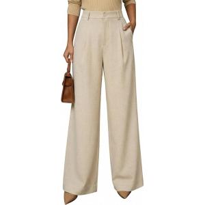 Arach&Cloz Womens Linen Blend Wide Leg All-Season Business Casual Outfits Dress Pants(Khaki)