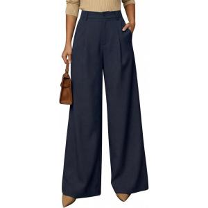 Arach&Cloz Womens Linen Blend Wide Leg All-Season Business Casual Outfits Dress Pants(Navy)