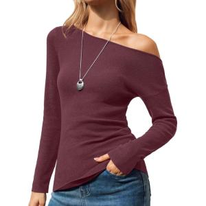 Arach&Cloz Women’s Wool Blend Off The Shoulder Sweaters Ruched Slim Fit Date Top 2026(Dark Red)