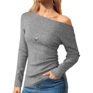 Arach&Cloz Women’s Wool Blend Off The Shoulder Sweaters Ruched Slim Fit Date Top 2026(Gray)