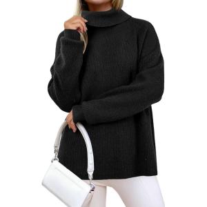 Arach&Cloz Women’s Wool Blend Turtleneck Fall Winter Casual Ribbed Oversized Sweater Tops 2026(Black)