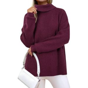 Arach&Cloz Women’s Wool Blend Turtleneck Fall Winter Casual Ribbed Oversized Sweater Tops 2026(Dark Red)