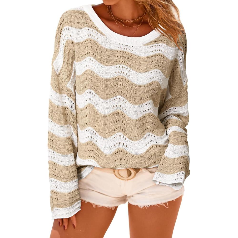 imageArachampampCloz Womens Linen Blend Crochet Bell Sleeve Beach Vacation Striped Tops 2026Apricot Stripe
