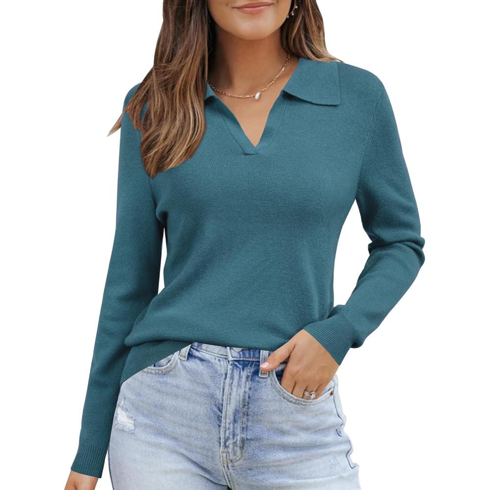 imageArachampampCloz Womens Wool Blend Collared Polo Pullover Spring Sweaters Business Casual Outfits 2026Blue