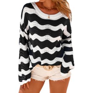 Arach&Cloz Women’s Linen Blend Crochet Bell Sleeve Beach Vacation Striped Tops 2026(Black Stripe)