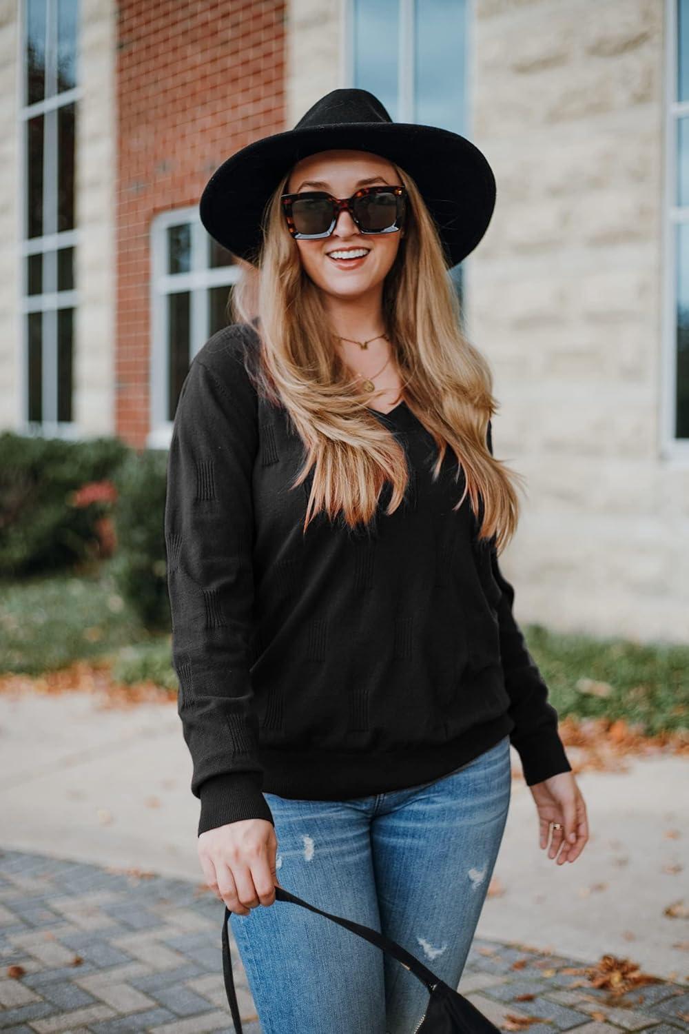 imageArachampCloz Womens Soft V Neck Long Sleeve Fall Casual Regular Fit Sweater TopsBlack