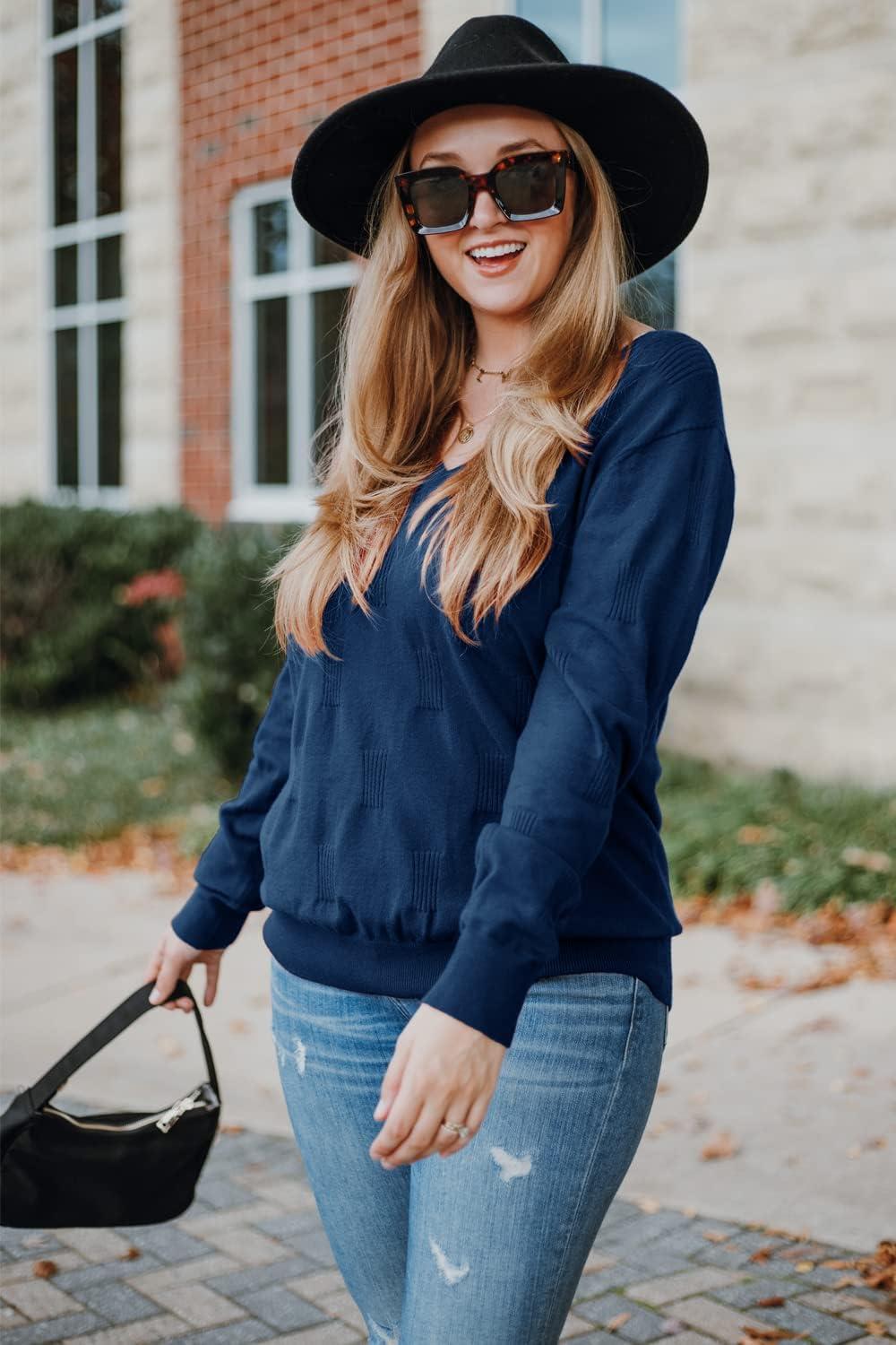 imageArachampCloz Womens Soft V Neck Long Sleeve Fall Casual Regular Fit Sweater TopsBlue