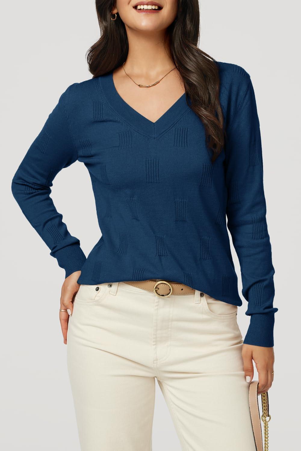 imageArachampCloz Womens Soft V Neck Long Sleeve Fall Casual Regular Fit Sweater TopsBlue