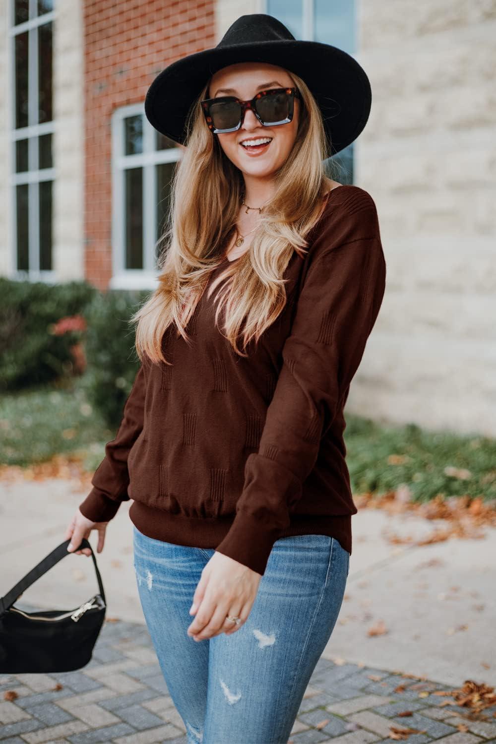 imageArachampCloz Womens Soft V Neck Long Sleeve Fall Casual Regular Fit Sweater TopsBrown