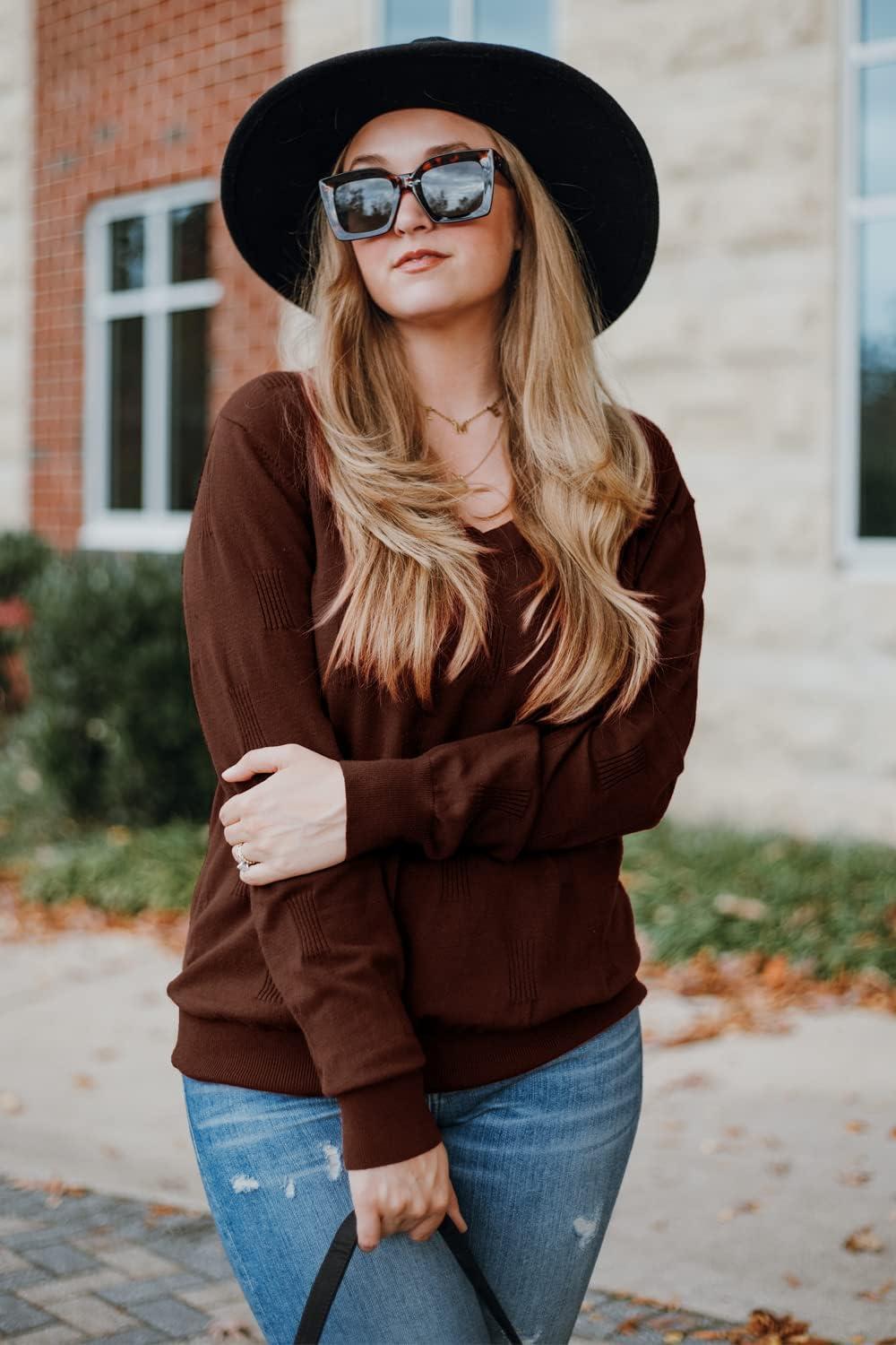 imageArachampCloz Womens Soft V Neck Long Sleeve Fall Casual Regular Fit Sweater TopsBrown
