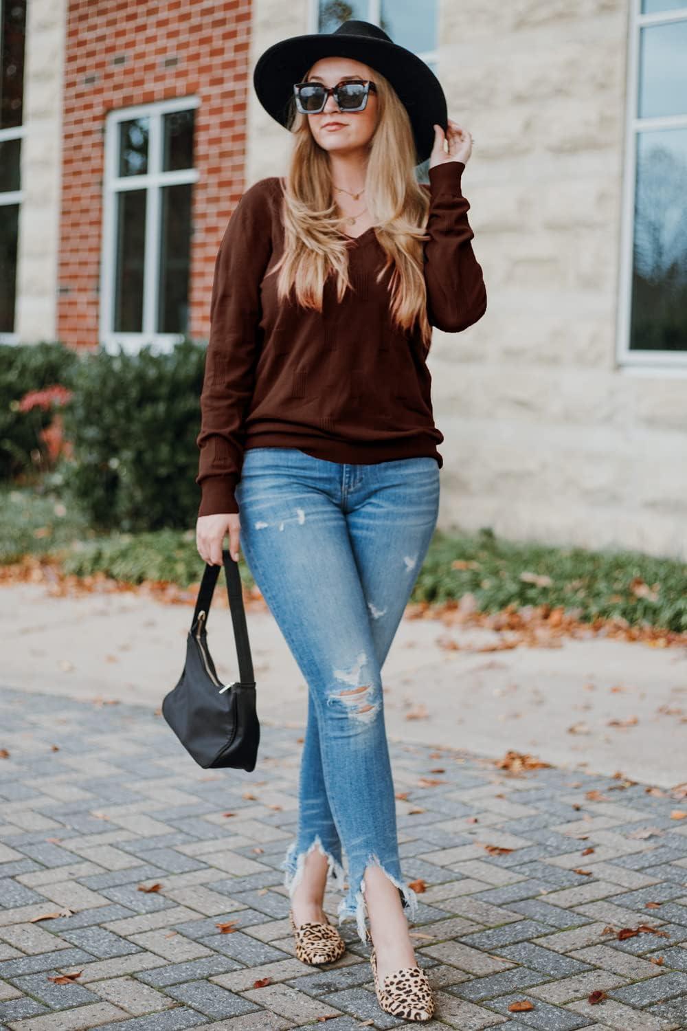 imageArachampCloz Womens Soft V Neck Long Sleeve Fall Casual Regular Fit Sweater TopsBrown