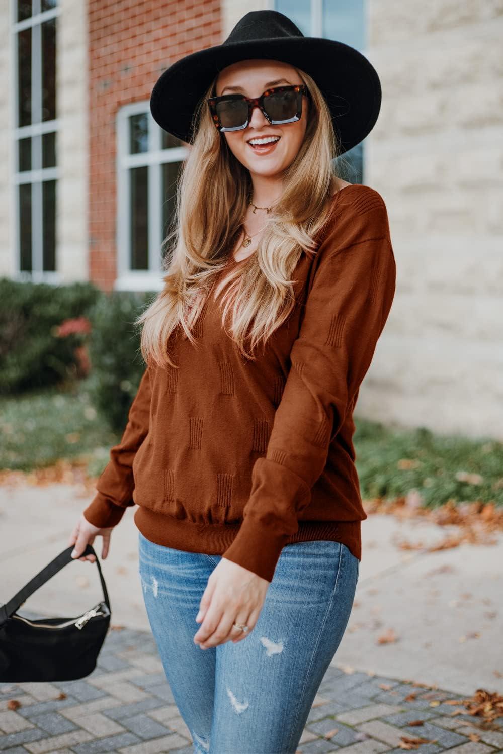 imageArachampCloz Womens Soft V Neck Long Sleeve Fall Casual Regular Fit Sweater TopsCaramel