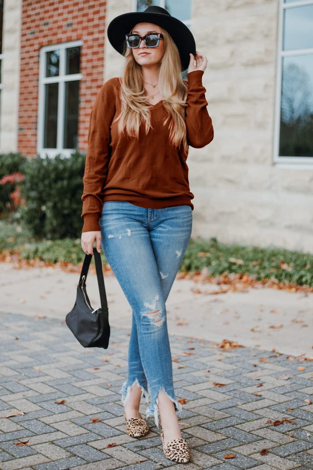 imageArachampCloz Womens Soft V Neck Long Sleeve Fall Casual Regular Fit Sweater TopsCaramel