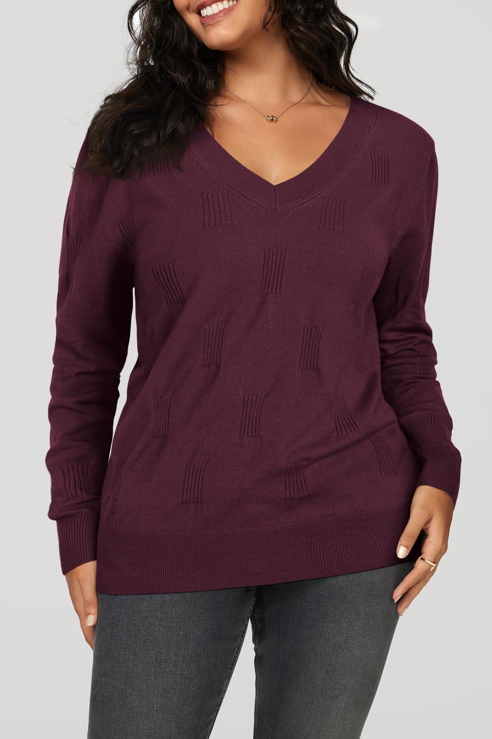 imageArachampCloz Womens Soft V Neck Long Sleeve Fall Casual Regular Fit Sweater TopsDark Purplish Red