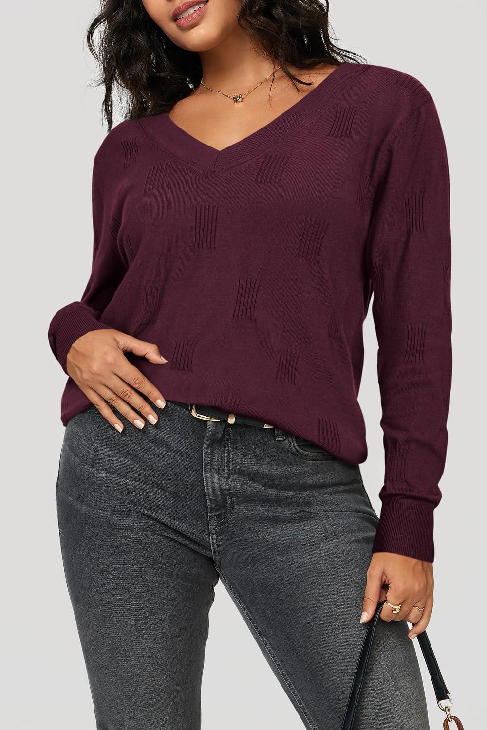 imageArachampCloz Womens Soft V Neck Long Sleeve Fall Casual Regular Fit Sweater TopsDark Purplish Red