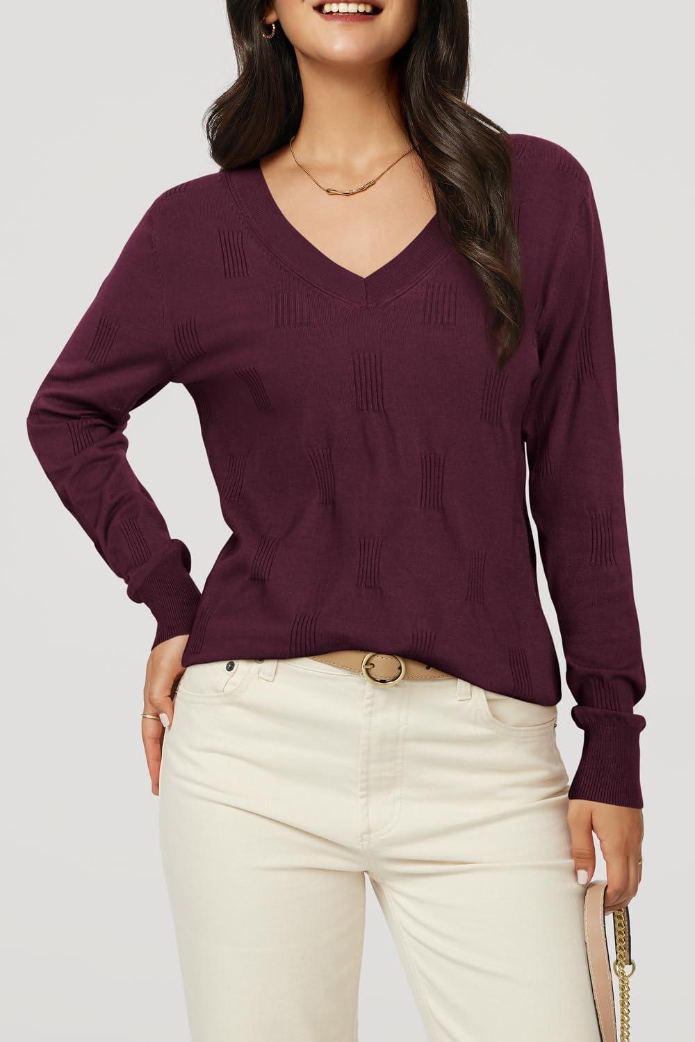 imageArachampCloz Womens Soft V Neck Long Sleeve Fall Casual Regular Fit Sweater TopsDark Purplish Red