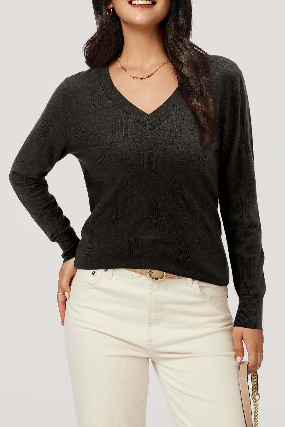 imageArachampCloz Womens Soft V Neck Long Sleeve Fall Casual Regular Fit Sweater TopsHeather Black