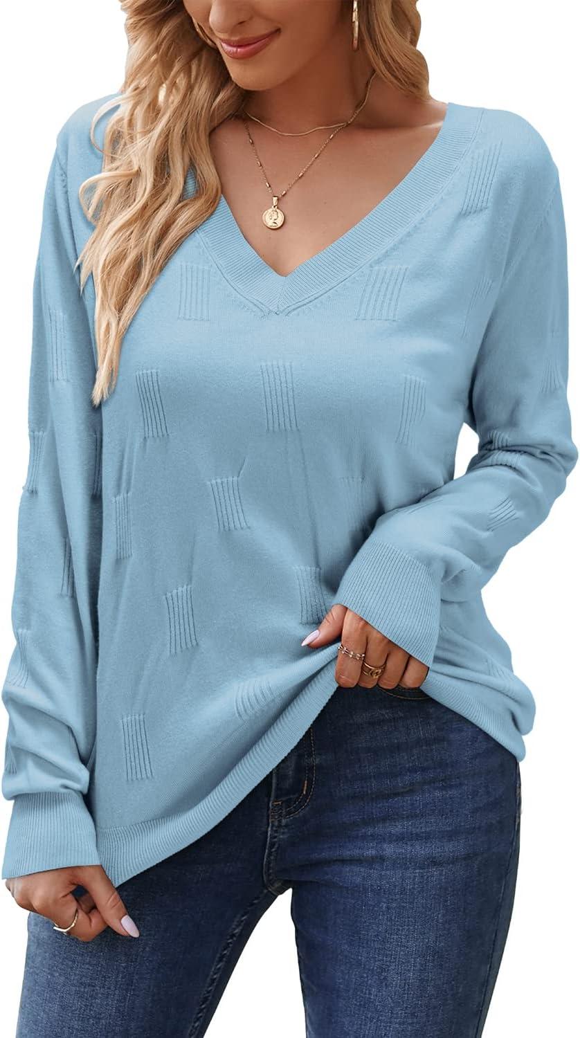 imageArachampCloz Womens Soft V Neck Long Sleeve Fall Casual Regular Fit Sweater TopsLight Blue