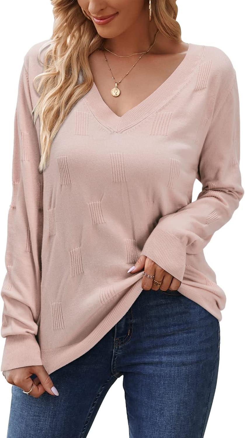 imageArachampCloz Womens Soft V Neck Long Sleeve Fall Casual Regular Fit Sweater TopsLight Pink02