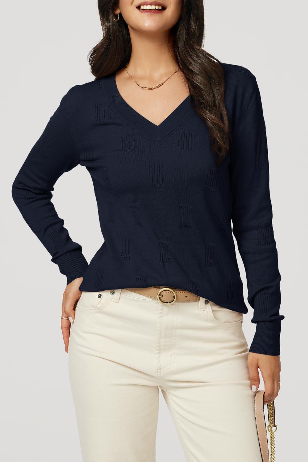 imageArachampCloz Womens Soft V Neck Long Sleeve Fall Casual Regular Fit Sweater TopsNavy