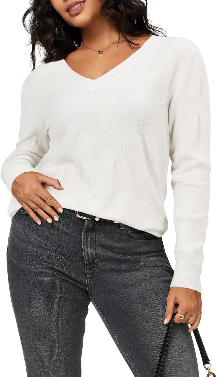 imageArachampCloz Womens Soft V Neck Long Sleeve Fall Casual Regular Fit Sweater TopsOffwhite