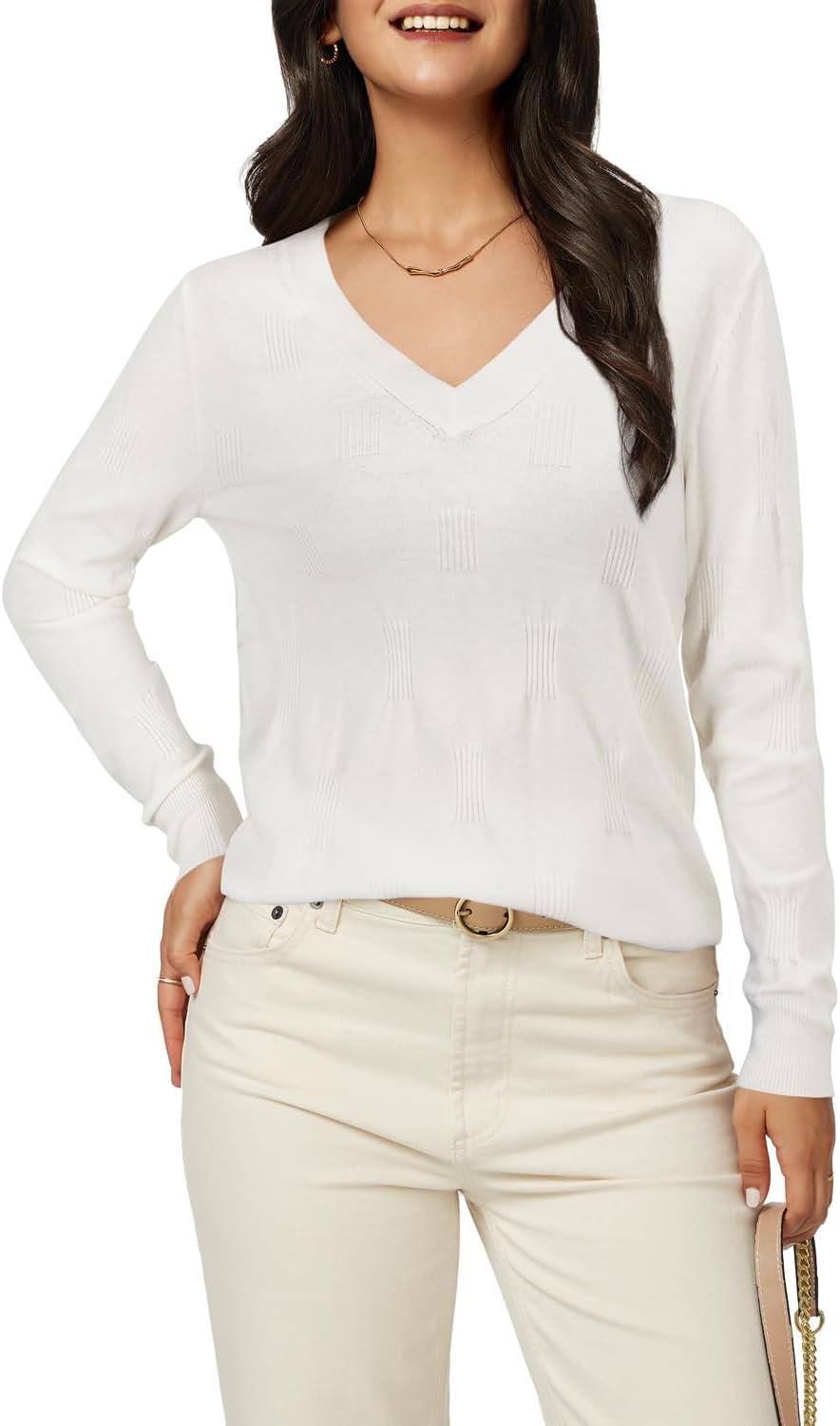 imageArachampCloz Womens Soft V Neck Long Sleeve Fall Casual Regular Fit Sweater TopsOffwhite