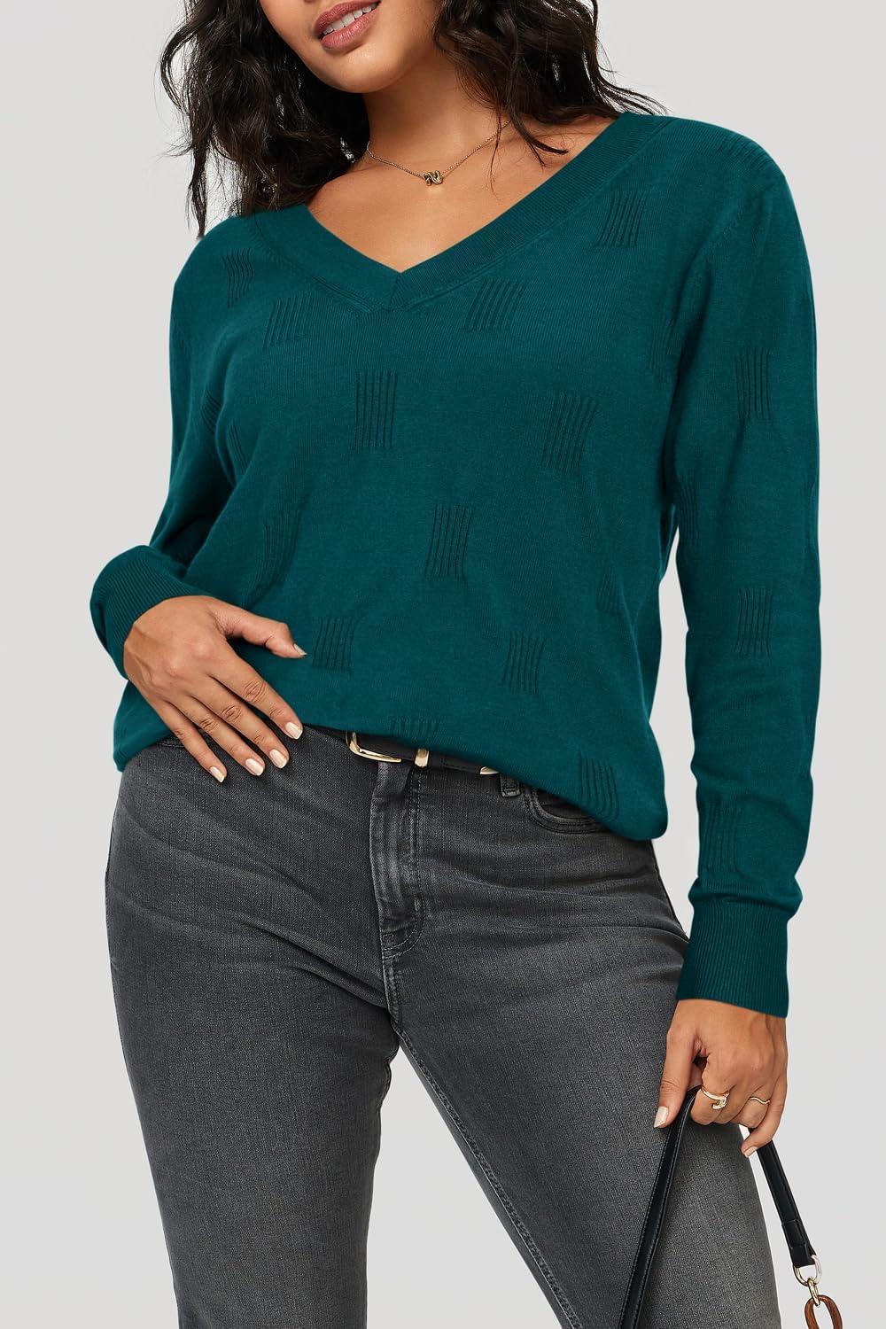 imageArachampCloz Womens Soft V Neck Long Sleeve Fall Casual Regular Fit Sweater TopsPeacock Green 02