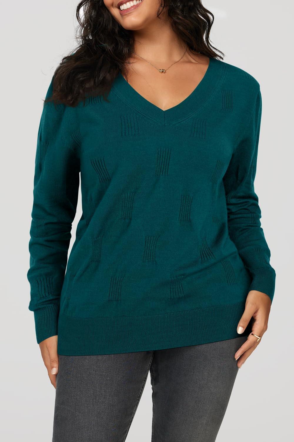 imageArachampCloz Womens Soft V Neck Long Sleeve Fall Casual Regular Fit Sweater TopsPeacock Green 02