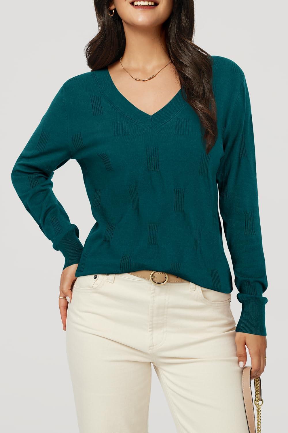 imageArachampCloz Womens Soft V Neck Long Sleeve Fall Casual Regular Fit Sweater TopsPeacock Green 02