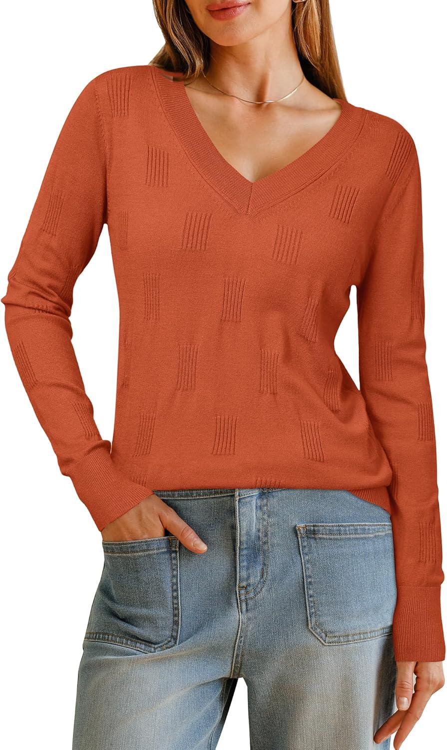 imageArachampCloz Womens Soft V Neck Long Sleeve Fall Casual Regular Fit Sweater TopsRust