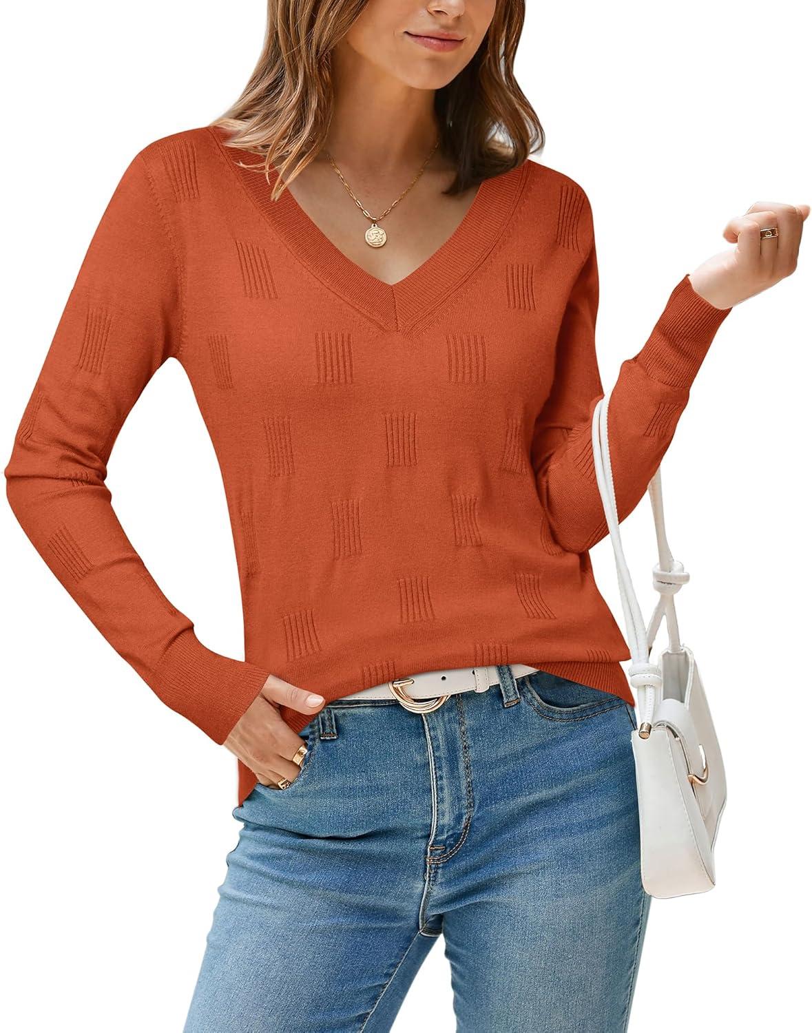 imageArachampCloz Womens Soft V Neck Long Sleeve Fall Casual Regular Fit Sweater TopsRust