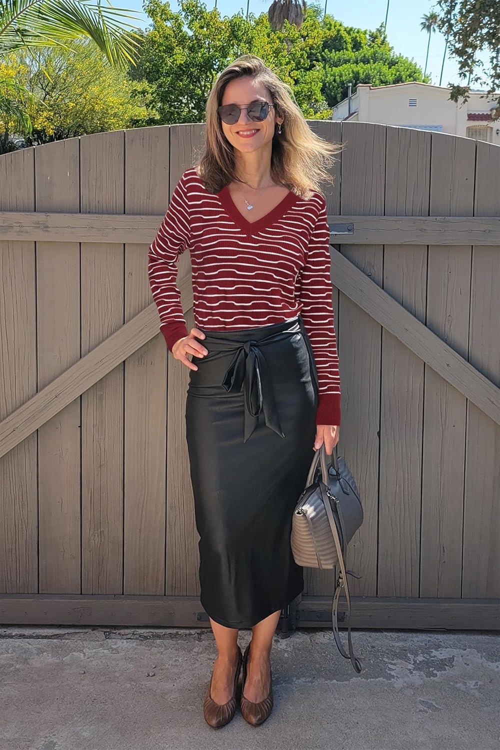 imageArachampCloz Womens Soft V Neck Long Sleeve Fall Casual Regular Fit Sweater TopsStriped Dark Red White