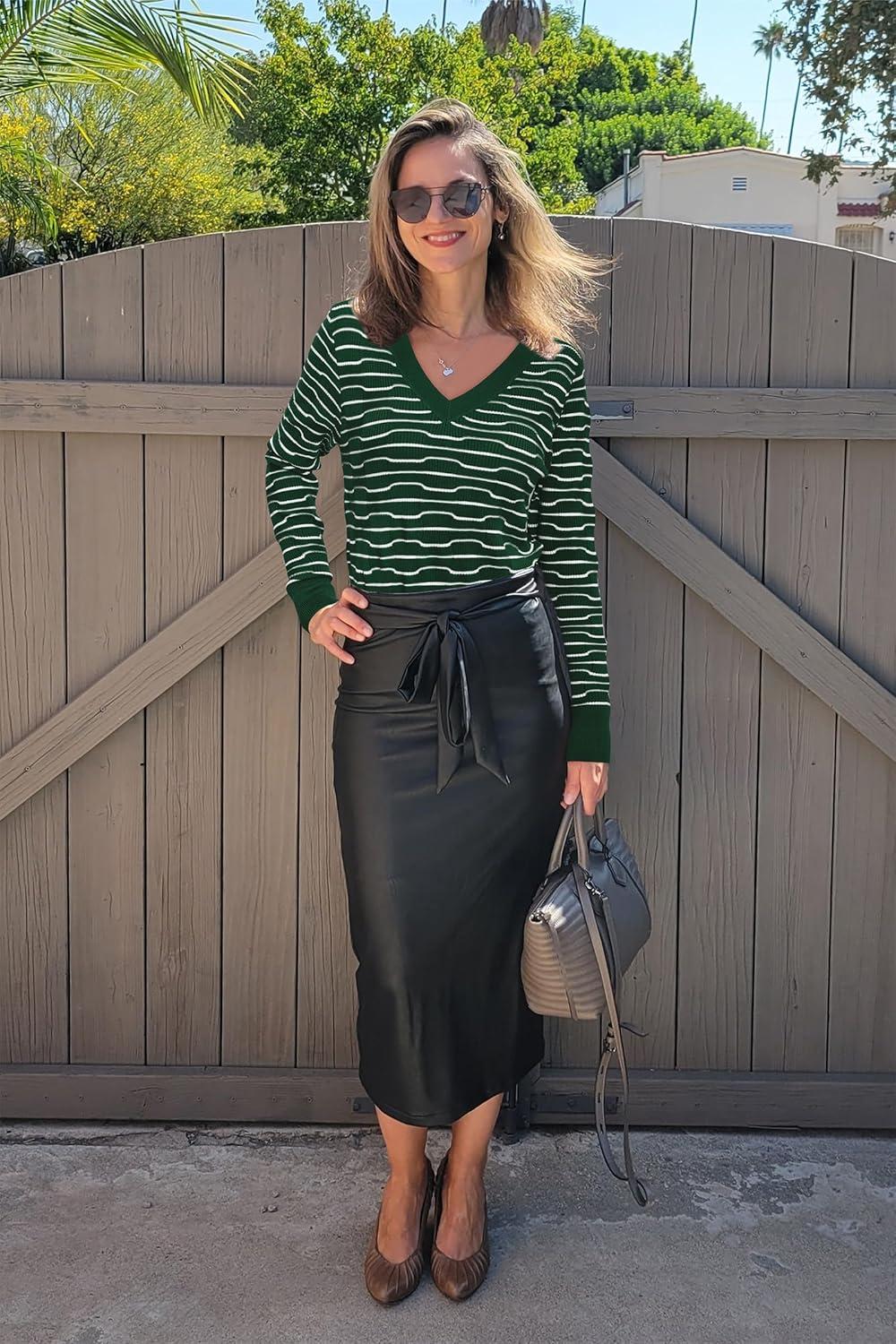 imageArachampCloz Womens Soft V Neck Long Sleeve Fall Casual Regular Fit Sweater TopsStriped Green White