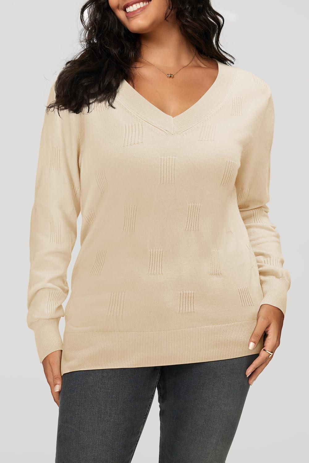 imageArachampCloz Womens Soft V Neck Long Sleeve Fall Casual Regular Fit Sweater TopsWhite Apricot 02