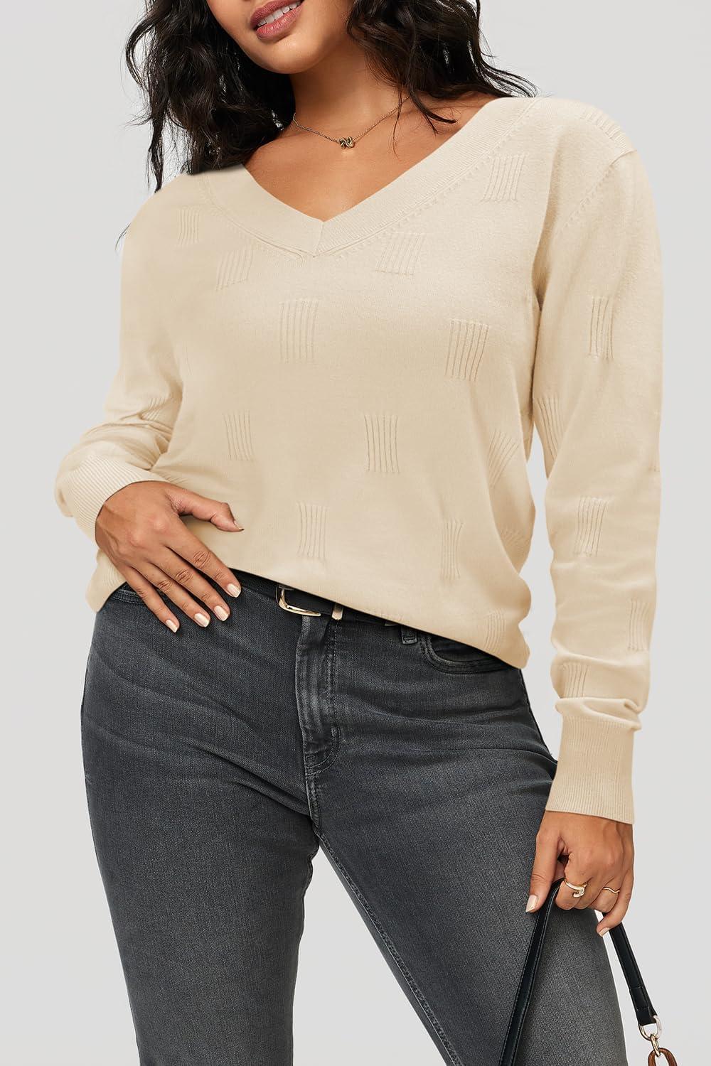 imageArachampCloz Womens Soft V Neck Long Sleeve Fall Casual Regular Fit Sweater TopsWhite Apricot 02