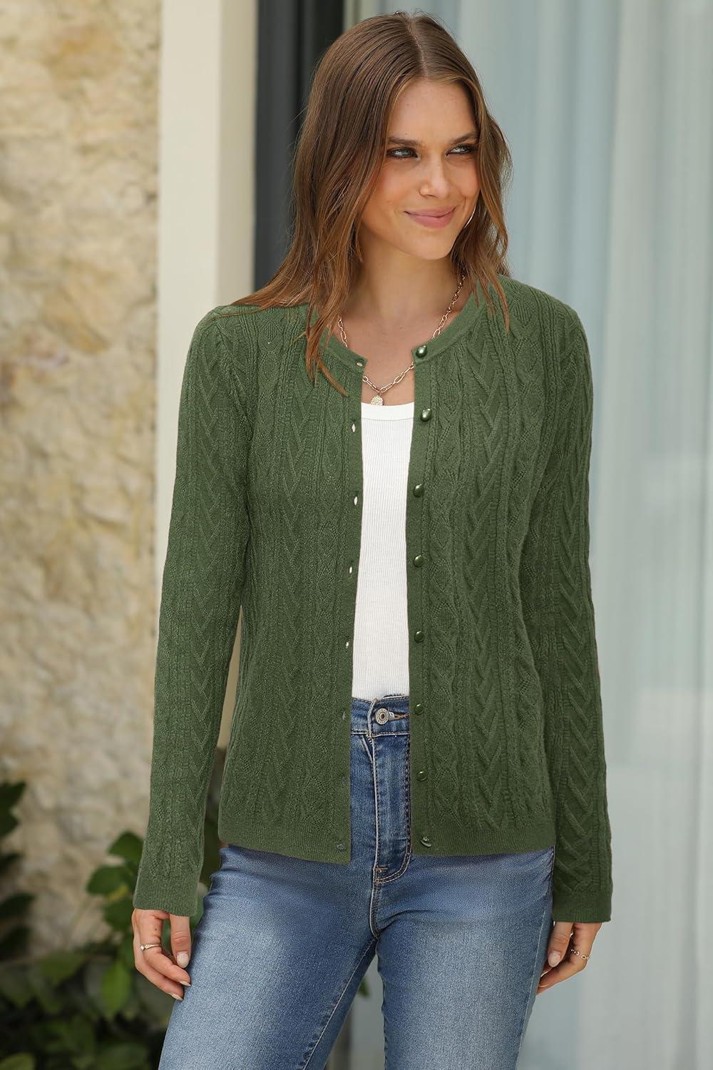 imageArachampCloz Womens Cable Knit Fall Soft Lightweight Sweater Cardigans 2025Army Green