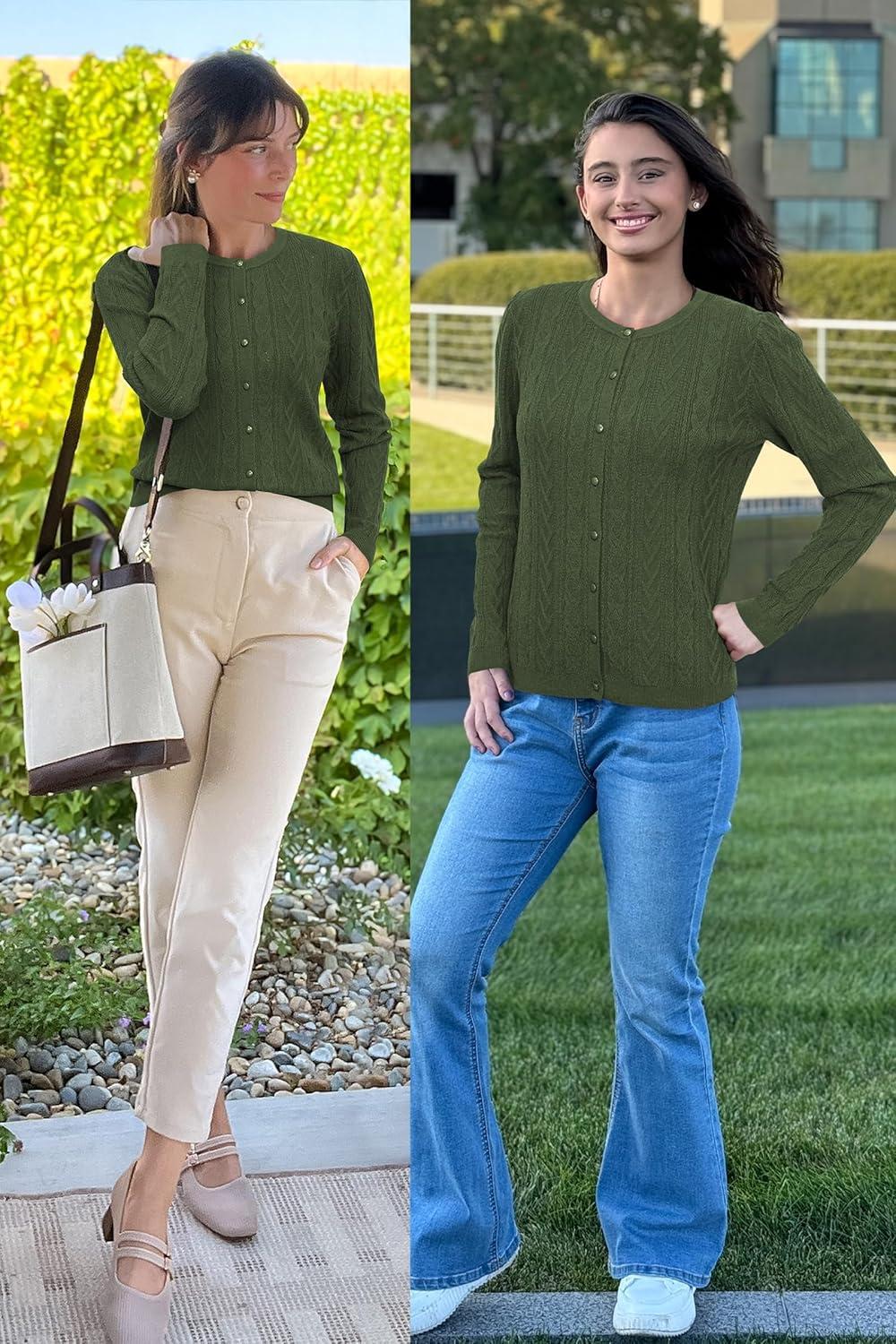 imageArachampCloz Womens Cable Knit Fall Soft Lightweight Sweater Cardigans 2025Army Green