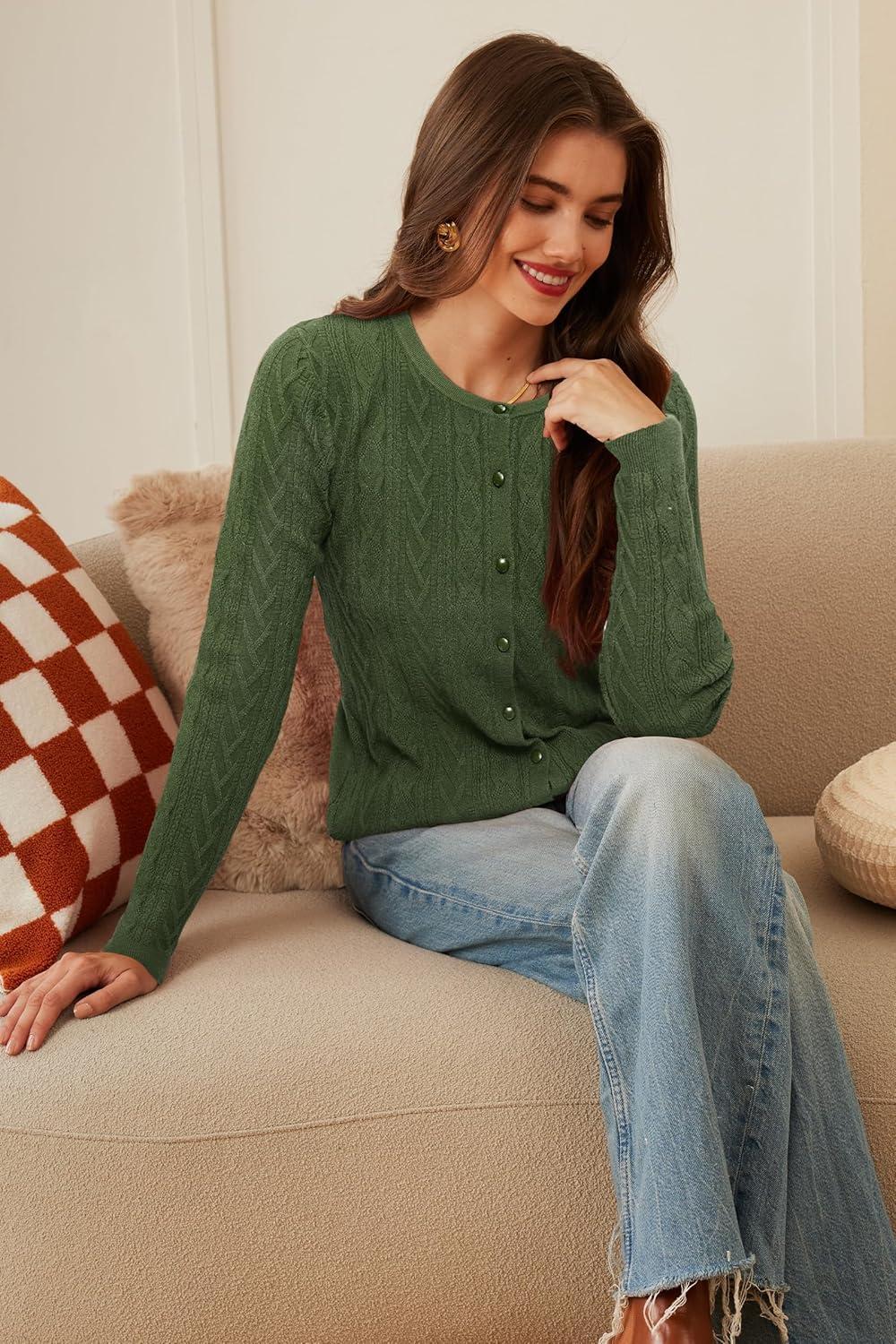 imageArachampCloz Womens Cable Knit Fall Soft Lightweight Sweater Cardigans 2025Army Green