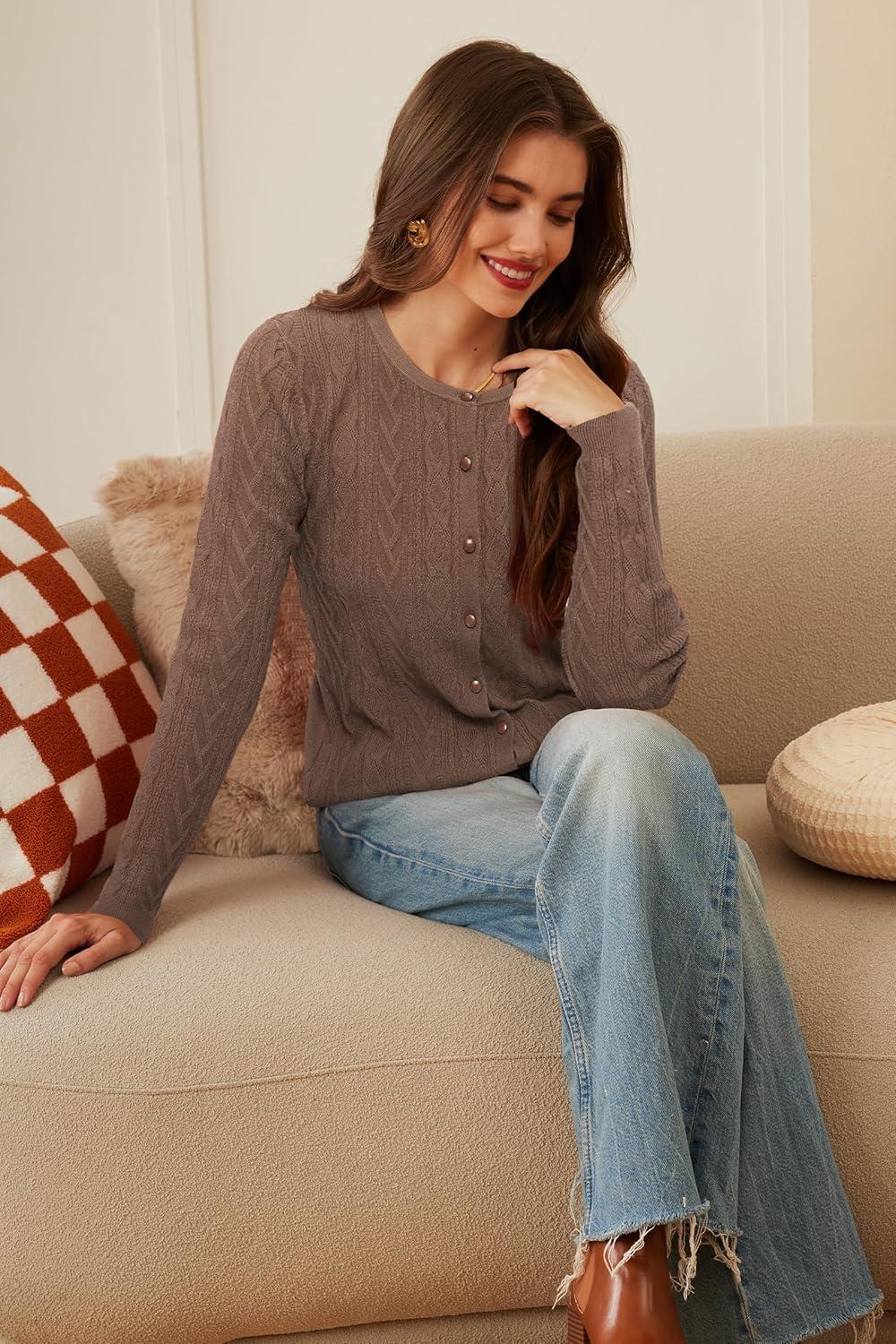 imageArachampCloz Womens Cable Knit Fall Soft Lightweight Sweater Cardigans 2025Coffee