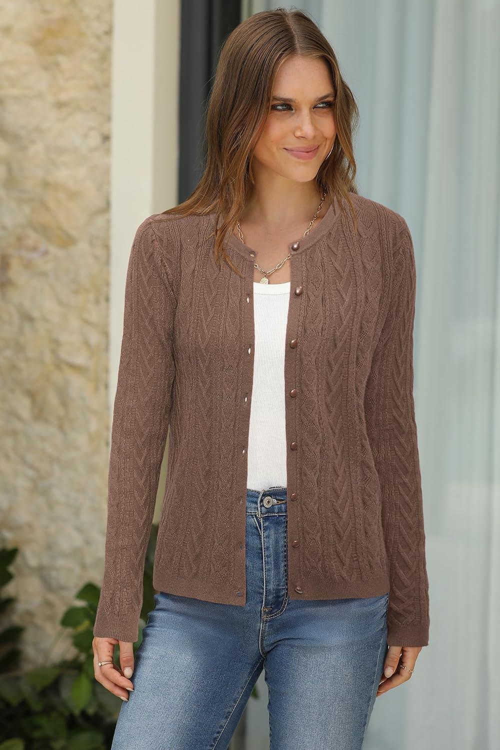 imageArachampCloz Womens Cable Knit Fall Soft Lightweight Sweater Cardigans 2025Coffee