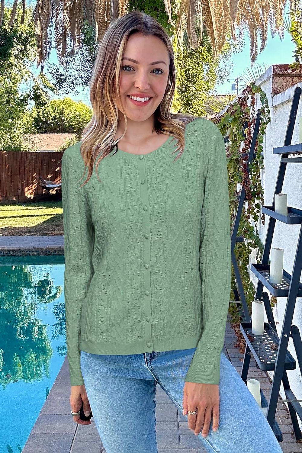imageArachampCloz Womens Cable Knit Fall Soft Lightweight Sweater Cardigans 2025Gray Green