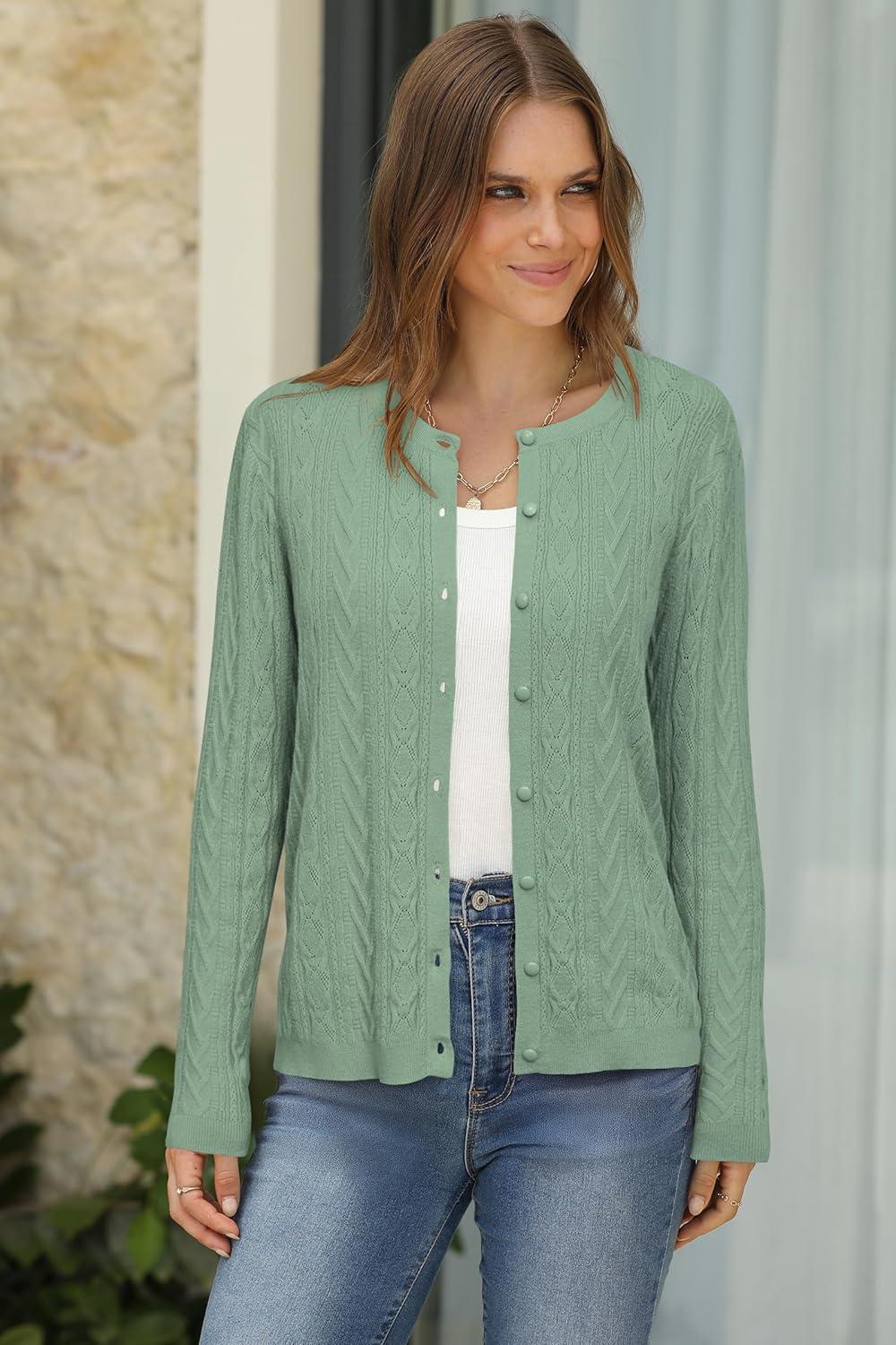 imageArachampCloz Womens Cable Knit Fall Soft Lightweight Sweater Cardigans 2025Gray Green